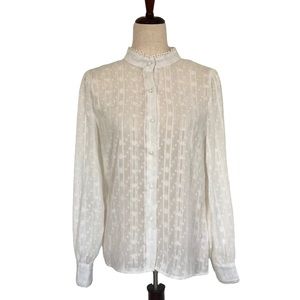 SHEIN Women’s High Neck Embroidered Sheer Button Down Blouse, Cream Size Small